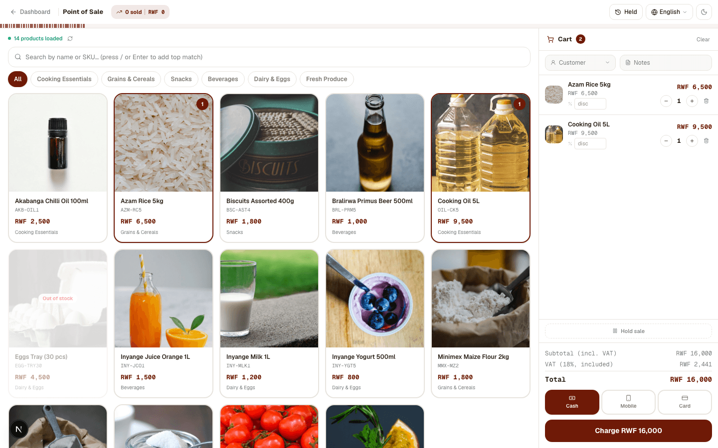 Pesaa point of sale screen with products in the cart, totals, and a payment method selector